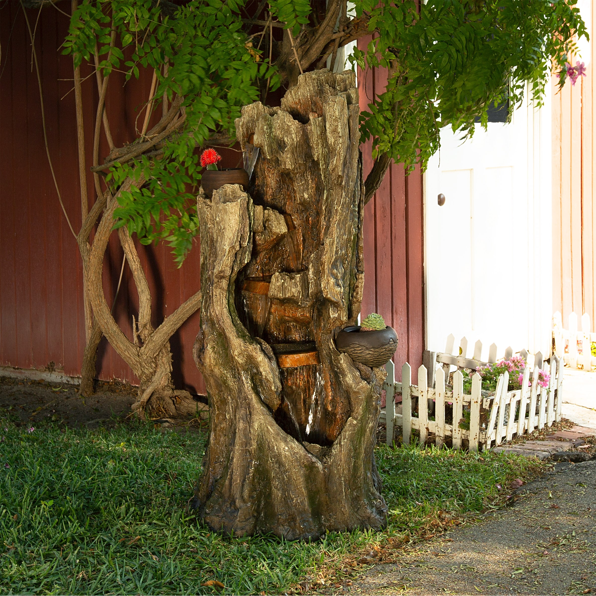 Alpine Corporation WIN1530 Indoor/Outdoor Floor Waterfall, Tree Trunk Fountain w/ LED Lights & 2 Flower Pots, 52", Brown