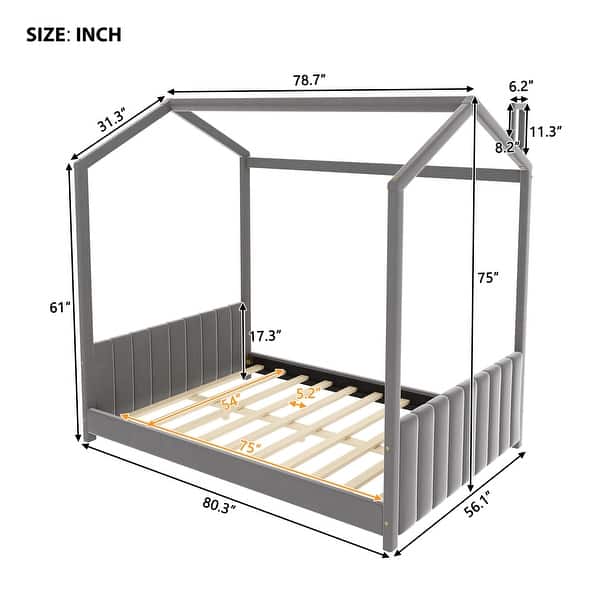 dimension image slide 0 of 2, Full Velvet House Bed with Wood Frame & Roof