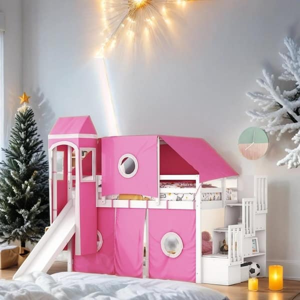 slide 2 of 38, Playhouse Twin Size Bunk Bed with Slide Pink Tent and Tower, Pink Pink