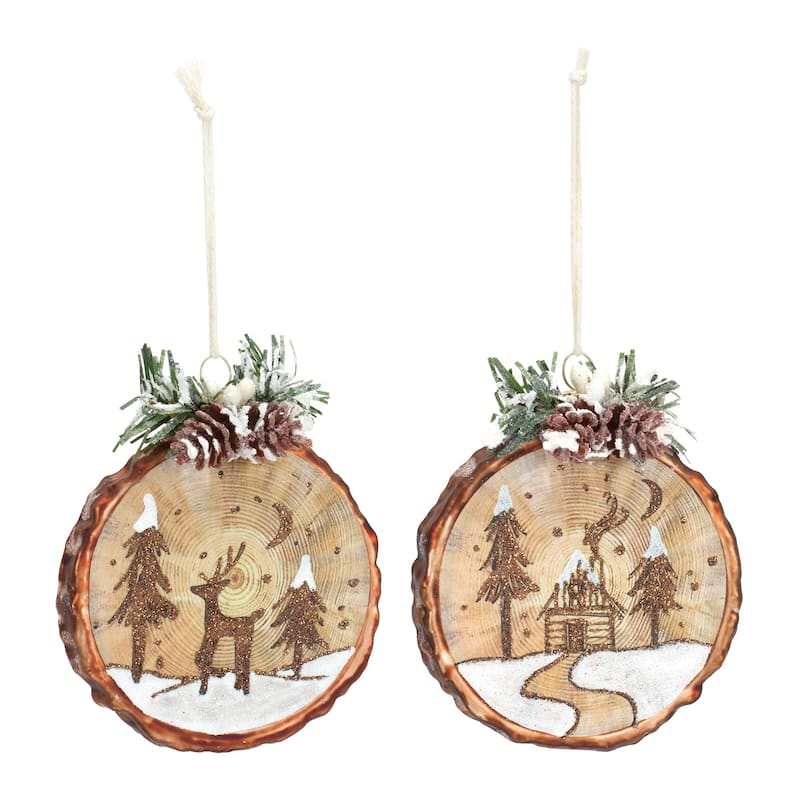 Cabin and Deer Ornament (Set of 6)