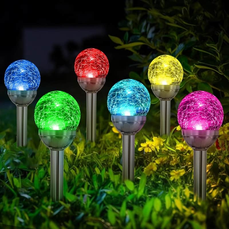 6 Pack Multi-Color Changing&White 2 Modes Solar Powered Glass Ball Garden Lights - Silver