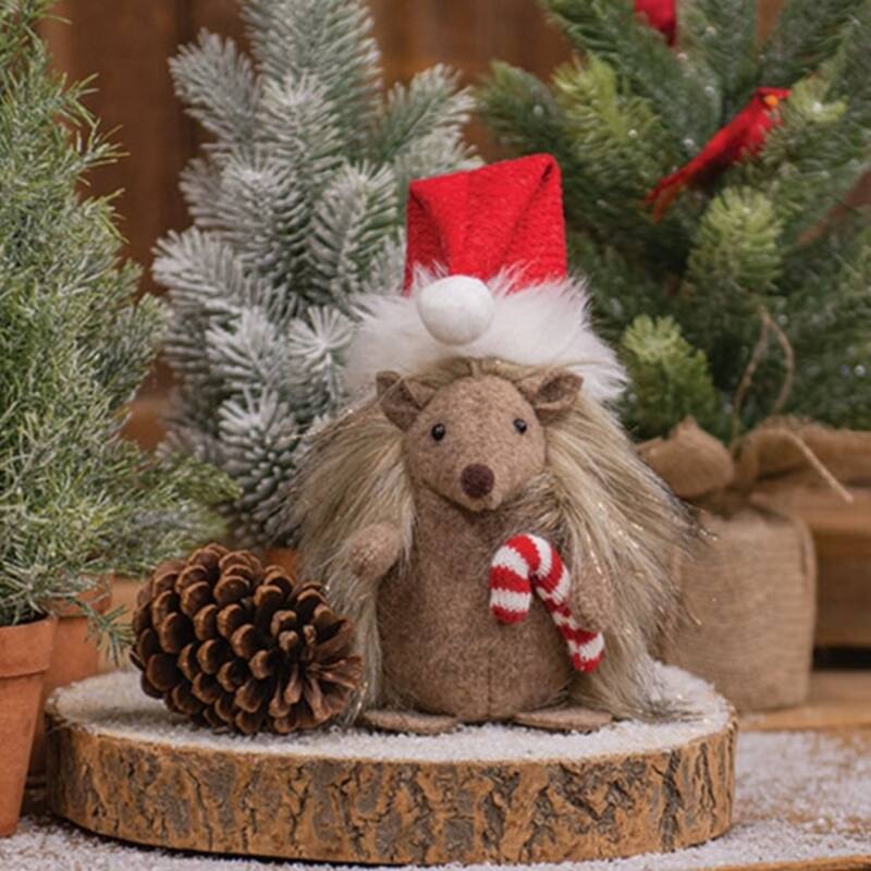 13” Brown Felt Christmas Hedgehog Figurine with Santa Hat and Candy Cane Holiday Decor - 13" H