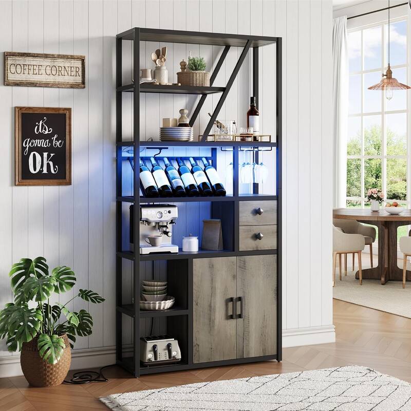 Farmhouse Bar Cabinet with Wine Rack,Bakers Rack with Power Outlet and LED Light - Grey