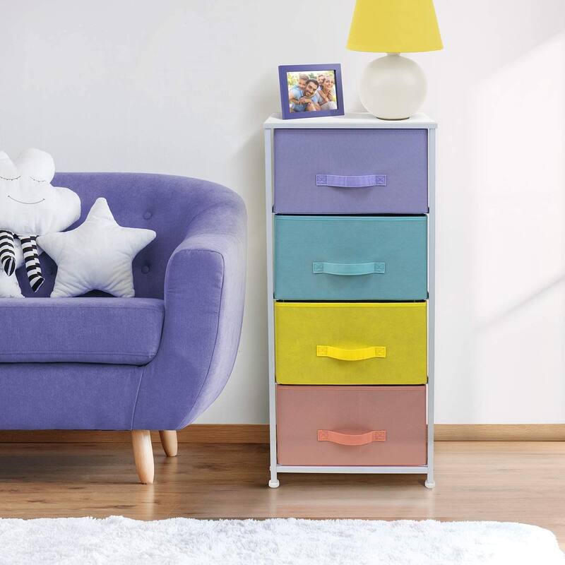 4 Drawer Bedside Nightstand Chest Tower Bedroom Dresser, Pastel Colors