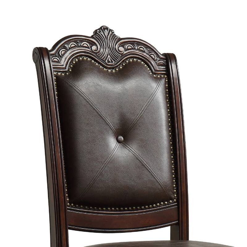Hand Carved Dining Side Chair with Faux Leather Padded Seat and Button Tufting - Brown