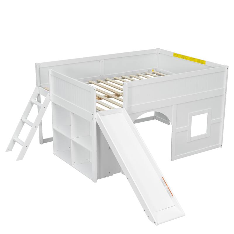 Full Size Wooden All-in-One Fairytale Low Loft Bed with Side Storage Shelves and Slide, Door and Window Design
