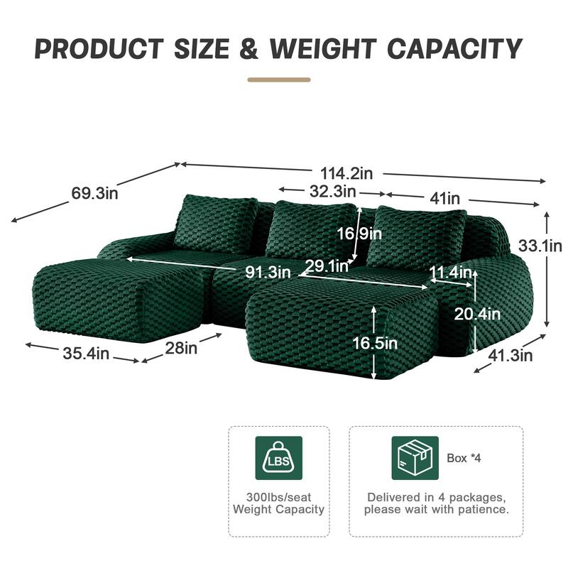 Flannelette Boneless Sectional Couch Sofa Set with Ottoman for Living Room