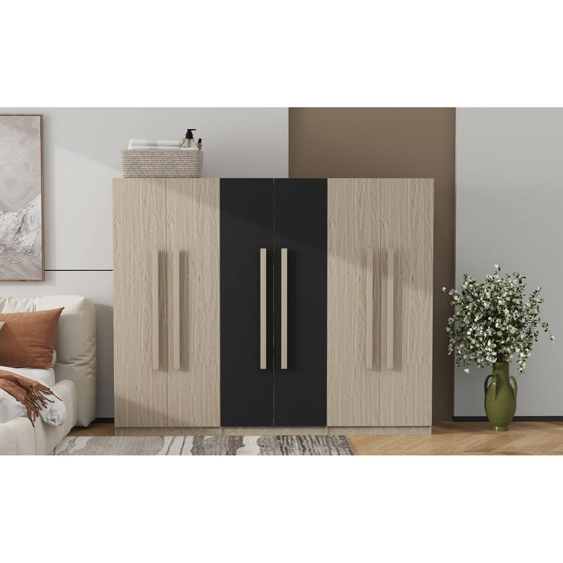 Large 6-Door Wardrobe Armoire, Wooden Two-Tone Armoire with 2 Drawers, Clothes Rail Freestanding Bedroom Armoire Closet