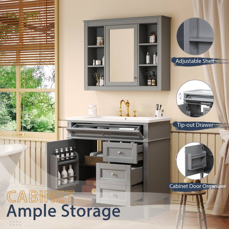 Freestanding Bathroom Vanity & Wall Mounted Mirror Cabinet Set with Resin Sink, Open Shelves, Drawers and Adjustable Shelves