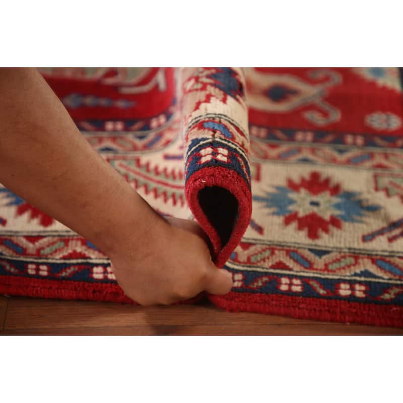 Red Geometric Kazak Area Rug Hand-Knotted Living Room Wool Carpet - 6'8" x 9'9"