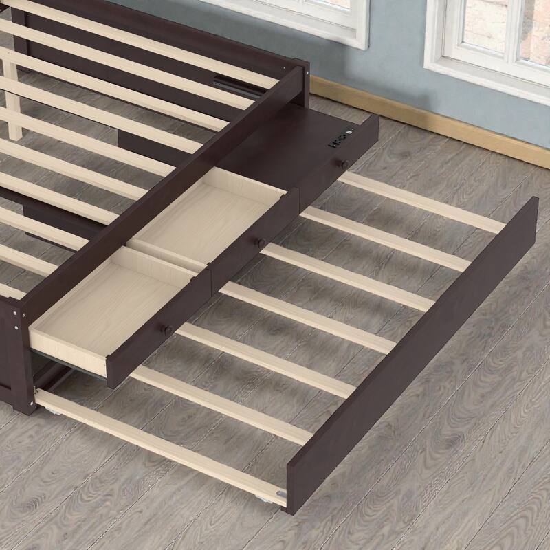 Platform Bed with Trundle, 2 Storage Drawers and Built In Power Strip, Solid Wood Bed Frame