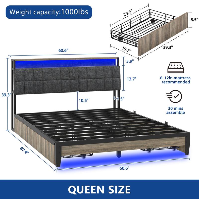 Moasis Rustic Grey Storage Platform Bed Frame with Storage Headboard with Power Outlets and 4 Drawers - Rustic Grey - Queen