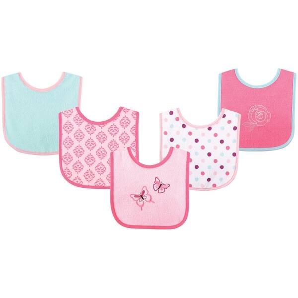 slide 1 of 1, Luvable Friends Baby Girl Cotton Terry Drooler Bibs with PEVA Back 5pk, Butterfly, One Size - Butterfly - One Size One Size - Butterfly