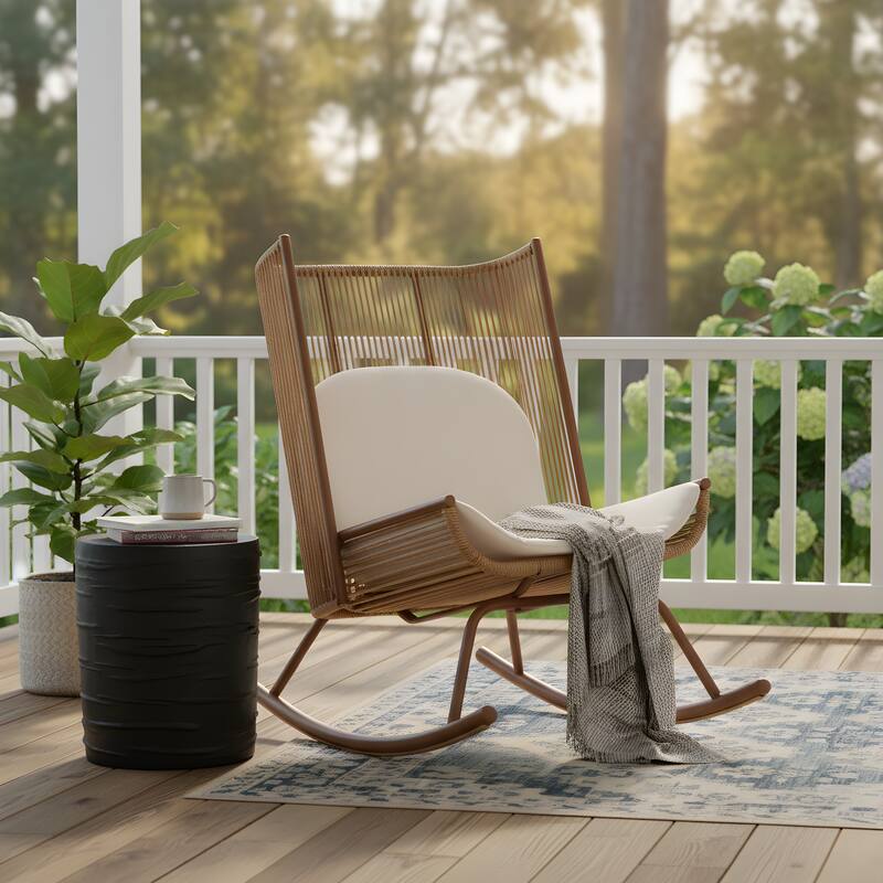 Christopher Knight Home - Modern Outdoor Rocking Chair with PE Rattan and Concrete Side Table Set - Brown+Black