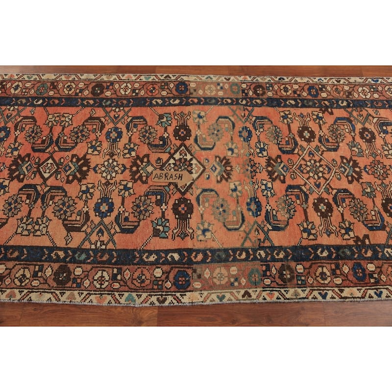 Geometric Hamedan Persian Runner Rug Orange Hand-Knotted Wool Carpet - 3'4"x 13'6"