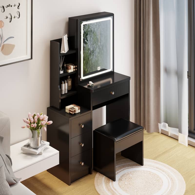 Make-Up Vanity Table and Stool with Brightness Adjustable LED Mirror