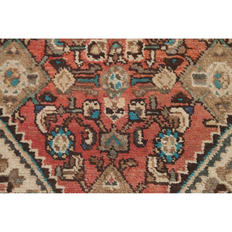 Hamedan Persian Vintage Runner Rug Handmade Geometric Wool Carpet - 3'5"x 9'9"