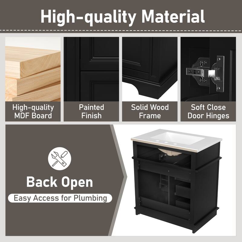 30" Bathroom Vanity with Sink, One Tip-out Drawer, Three Drawers, Door Shelf, Soft Closing Door, Black