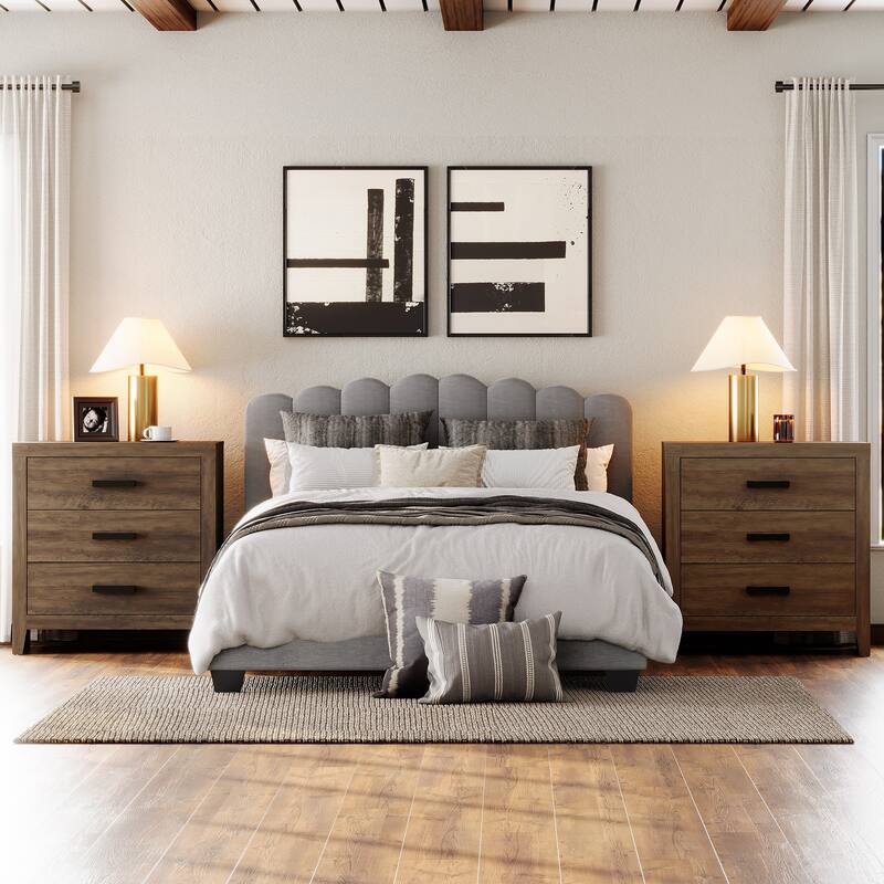 WAMPAT Farmhouse Nightstand with 3 Drawers, Large Wood Bedside Table - Brown - 6-drawer