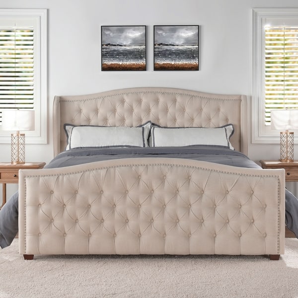 slide 2 of 7, Athens Upholstered Nailhead Tufted Wingback Panel Bed Sky Neutral Beige Polyester - King
