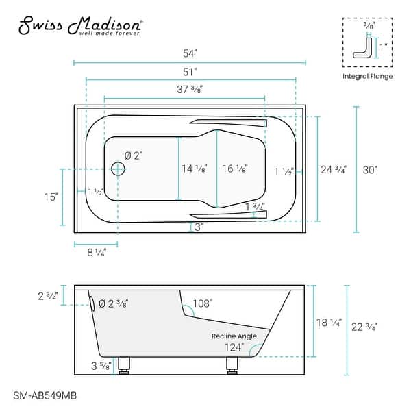 dimension image slide 13 of 20, Swiss Madison Voltaire, Acrylic White, Alcove, Integral Armrest, Bathtub with Apron