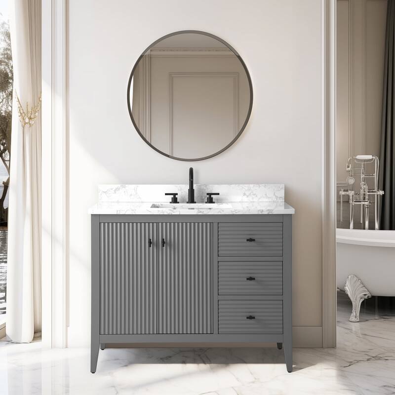 Vanity Art 42" Single Sink Bathroom Vanity Cabinet with Engineered Marble Countertop