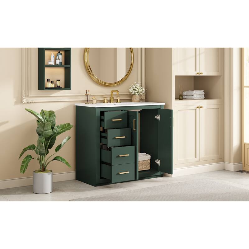 GDFStudio - Montclair Modern Freestanding Bathroom Vanity with Ceramic Sink and 3 Storage Drawers & Soft Closing Doors - 36'W