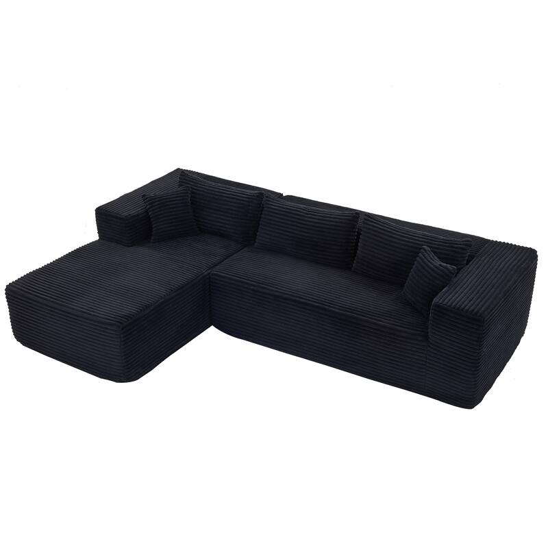Floor Standing Modular Deep Seat Couch Corduroy L-shaped Sectional Sofa with Chaise Lounge, Pillows and Square Arms