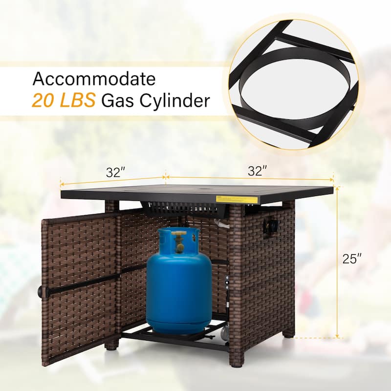 Outdoor Propane Fire Pit Table - 32/45/56 Inch, 50,000 BTU, Rattan/Black Finish, Includes Lid & Fire Glass