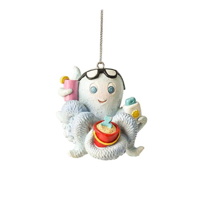 Octopus Holding Suntan Lotion Drink and Beach Ball Christmas HolidayOrnament - Multi