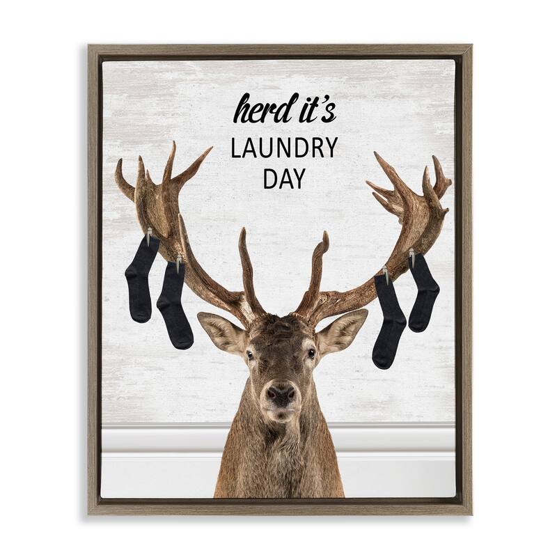 Stupell Laundry Elk with Hanging Socks Framed Floater Canvas Wall Art Design By Lettered and Lined - 25 x 31 - Brown