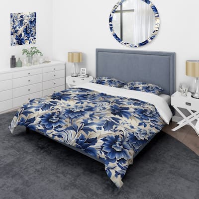 Designart "Cobalt Blue And White Victorian Floral Pattern I" White Cottage Bedding Cover Set With 2 Shams
