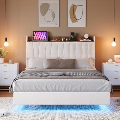 Floating Bed Frame, with LED Lights & USB Charging Station, Headboard