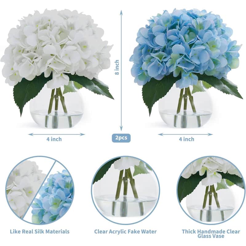 2 Pack Artificial Hydrangea Flowers in Glass Vase with Faux Water for Home Decor - 2 pcs