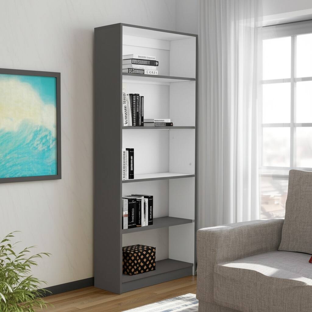 HomeRoots 71" Gray And White Wood Five Tier Bookcase