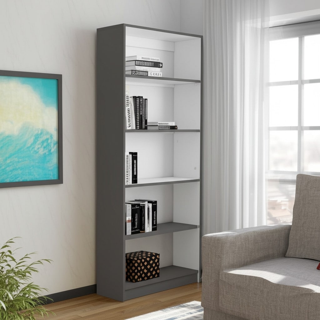 HomeRoots 71" Gray And White Wood Five Tier Bookcase