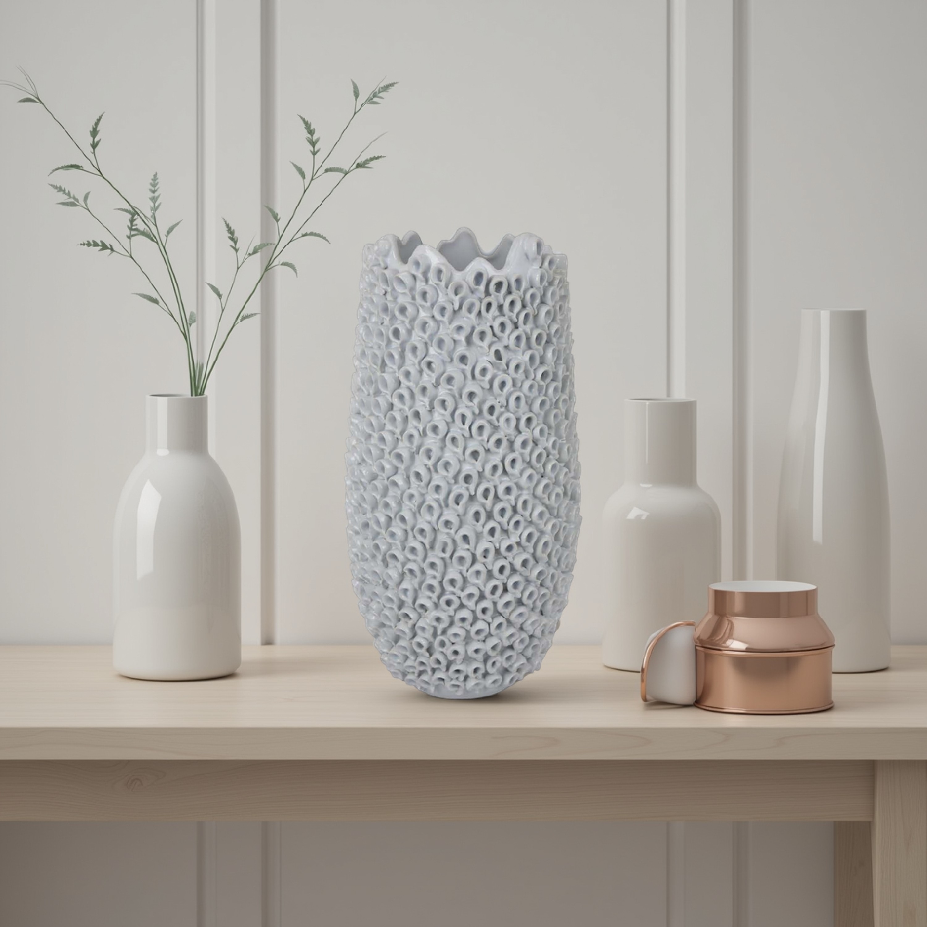 Accent Flower Vase, Antique Style Textured White Ceramic 20 Inch
