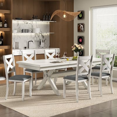 VECELO Dining Table Set, Solid Wood Rectangular Extendable Dining Table & Solid Wood Dining Chairs