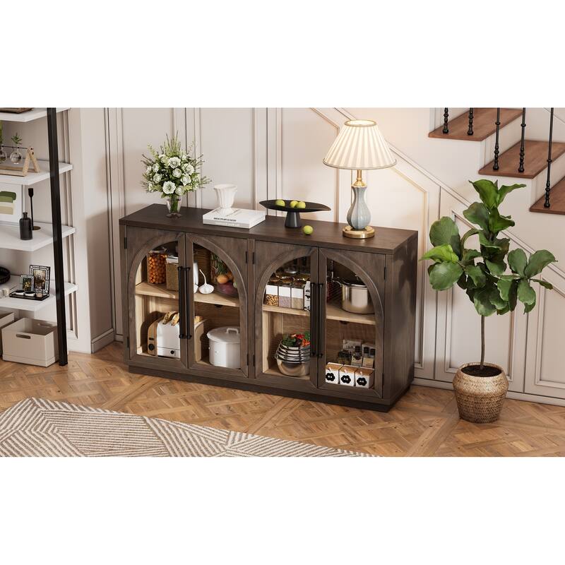 4-Door Large Storage Buffet Cabinet with Glass Doors and Adjustable Shelves