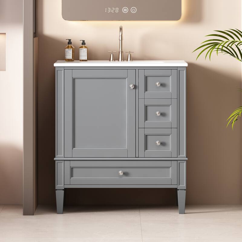 Bathroom Vanity with Ceramic Sink, Modern Bathroom Storage Cabinet with Side Door Organizer and 3 Different Sizes Drawers
