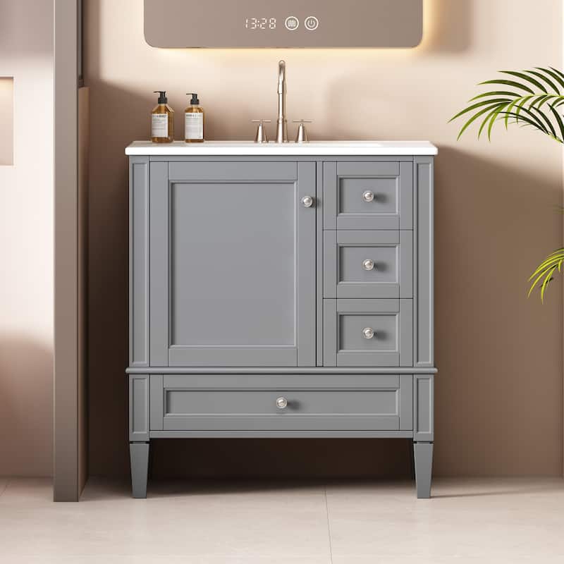 Roomfitters 30" Vanity with Ceramic Sink, Solid Wood Frame Bathroom Cabinet with 3 Drawers, Modern Storage Design