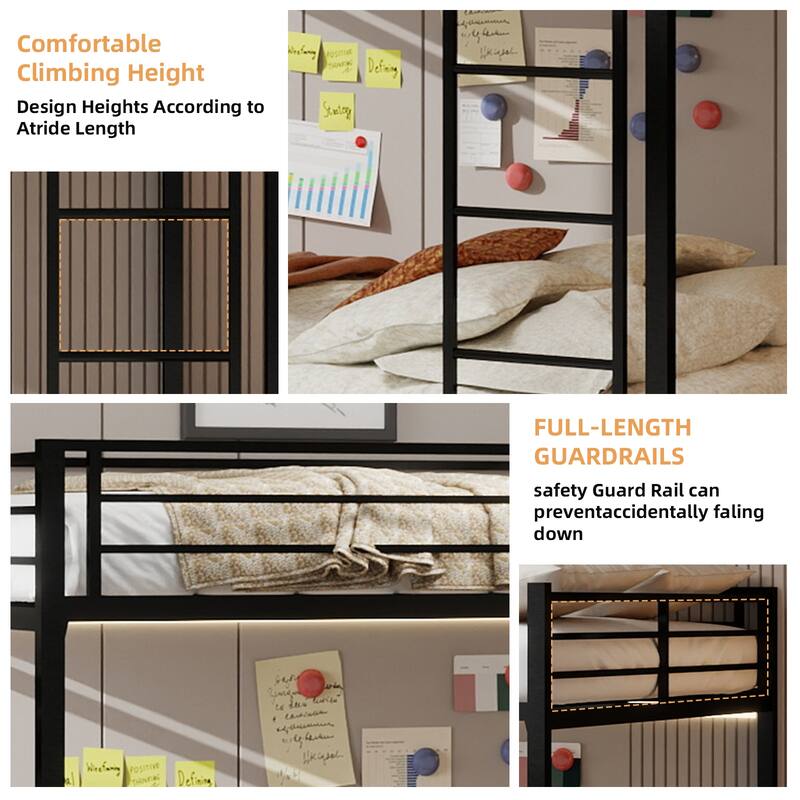 Metal Bunk Bed with Trundle and Safety Rails Modern Minimalist Design for Kids Guest or Shared Rooms
