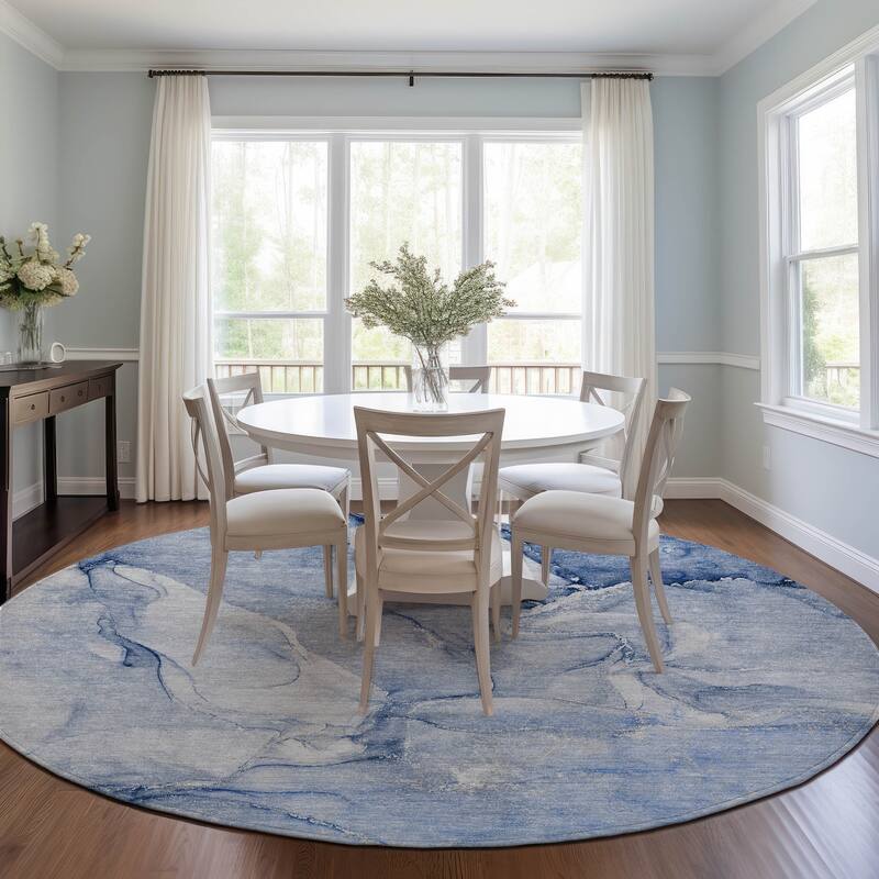 Machine Washable Indoor/ Outdoor Marble Chantille Rug - Navy - 8' x 8'