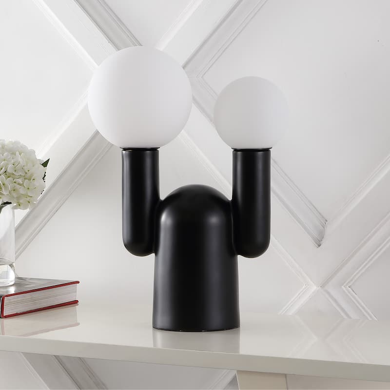 Oona 19" 2-Light Modern Mid-Century Resin/Iron/Frosted Glass Nordic Cactus LED Table Lamp, Black by JONATHAN Y