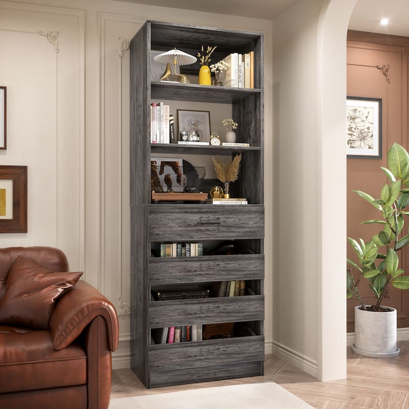 21.3" Storage Cabinet Bookshelf with Charging Station and 3 Wood Drawers, Freestanding Closet System with Storage Shelves - Black Oak