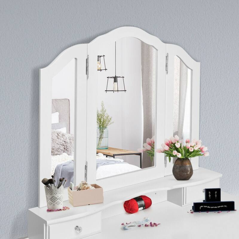 Gymax Bedroom Tri Folding Mirror Vanity Makeup Table Stool Set White