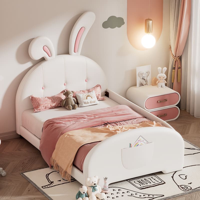 Upholstered Rabbit-Shape Princess Bed ,Platform Bed with Headboard and Footboard