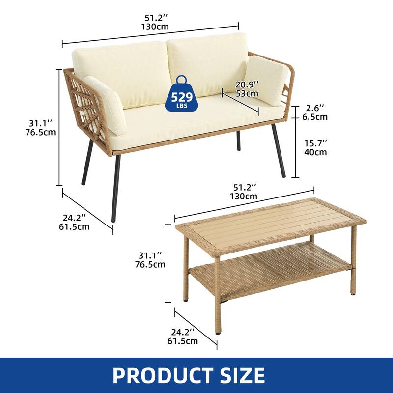 Moasis 2 Pieces Outdoor Wicker Bistro Patio Conversation Set with Loveseat and Side Table