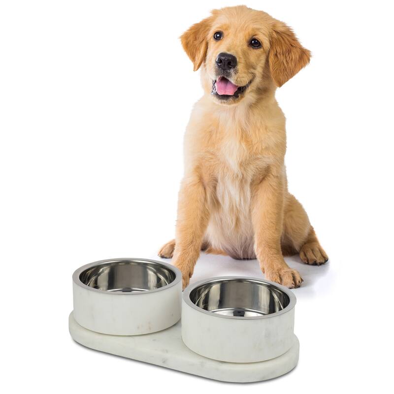 Marbre 12oz Double Pet Bowl Set - Marble & Stainless Steel with Non-Slip Tray - White