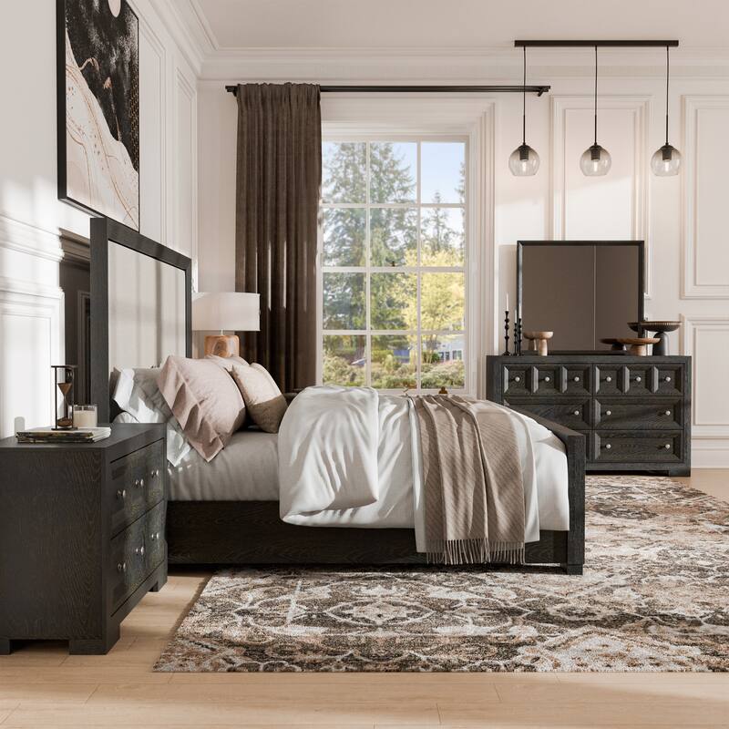 Furniture of America Durem II Modern Classic 5-Piece Solid Wood Panel Bedroom Set with 2-Drawer Oversized Nightstand - Weathered Black - Queen